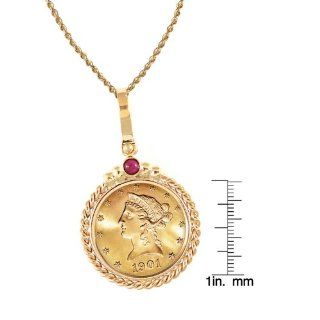 $10 Liberty Gold Piece Eagle Coin in 14k Gold Twisted Rope Bezel w/Ruby (24"   14k Gold Rope Chain) Jewelry