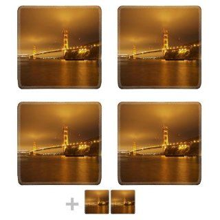 San Francisco Golden Gate Bridge Night Time Square Coaster (6 Piece) Set Fabric Rubber 5 1/8 Inch (130mm) Size Coaster Cup Mug Can Water Bottle Drink Coasters Stain Resistance Collector Kit Kitchen Table Top Desk Kitchen & Dining