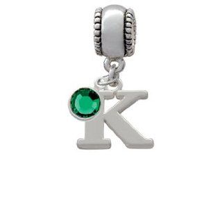 Large Silver Initial   K   Charm Bead with Emerald Crystal Dangle Delight Jewelry