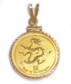 14kt Gold Diamond Cut Pendant with 22kt 1/10 Dragon Coin Jewelry