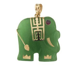 Green Jade Small Lucky Elephant Pendant with Ruby Eye, 14k Gold Jewelry