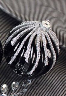 4.5" Black and Silver Swirl Glass Christmas Ball Ornament with Clear Gem Accents  