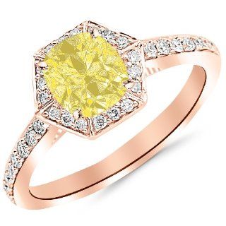 1.8 Carat Hexagon Halo Diamond Engagement Ring 14K Gold with a 1.5 Carat Cushion Cut AAA Quality Yellow Diamond (Heirloom Quality) Houston Diamond District Jewelry