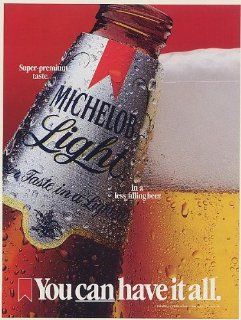 1986 Michelob Light Beer Bottle Foaming Glass You Can Have It All Print Ad (Memorabilia) (54977)  