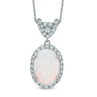 Oval Lab Created Opal and White Sapphire Pendant in Sterling Silver
