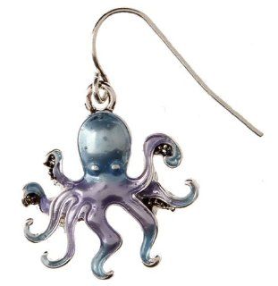 Rhodium Plated Silvertone Purple Octopus Earrings   Fishhook Backings Jewelry