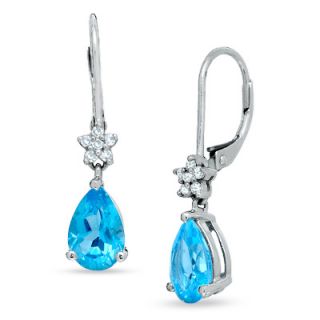 Pear Shaped Blue Topaz Leverback Earrings in 14K White Gold with