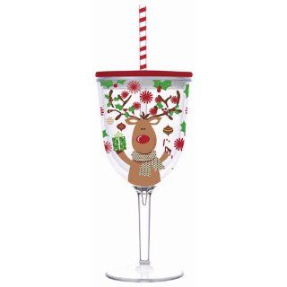 Reindeer Holiday 13 oz Insulated Wine Glass Slant Lid Straw Slant Christmas   Other Wine Glasses
