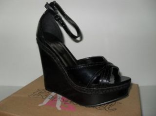 WOMEN'S BLACK PATENT BONNIBEL OPEN TOE WEDGE HEELS WITH ANKLE STRAPS (QUEENIE 3), SIZE 6.5 Shoes