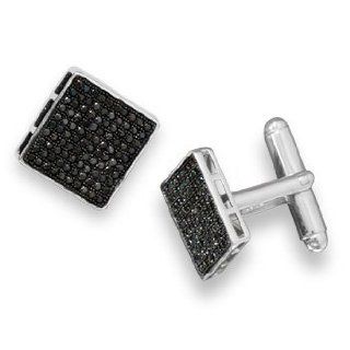 Micro Pave Black Diamond Cubic Zirconia Cuff Links Rhodium on Sterling Silver   Nontarnish Jewelry