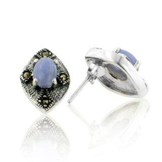 Genuine Lavender Purple Jade and Marcasite Cross Sterling Silver Stud Earrings Jewelry