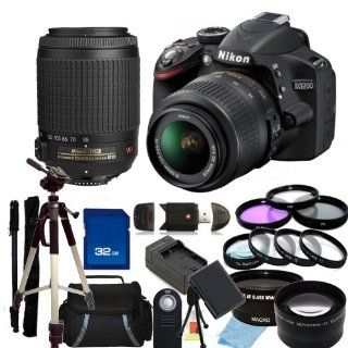 Nikon D3200 Digital SLR Camera With AF S DX NIKKOR 18 55mm 13.5 5.6G & Nikon AF S DX VR Zoom Nikkor 55 200mm f/4 5.6G IF ED Lenses. Also Includes 0.45X Wide Angle Lens, 2X Telephoto Lens, 3 Piece Filter Kit (UV CPL FLD), 4 Piece Macro Filter Set (+1,