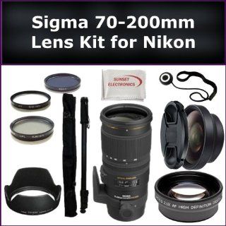 Sigma 70 200mm f/2.8 EX DG APO OS HSM Lens Kit for Nikon D90, D300s, D7000, D700 Digital SLR Cameras. Also Includes 0.45X Wide Angle Lens, 2X Telephoto Lens, Lens Cap, Lens Hood, Lens Cap Keeper, Monopod, 3 Piece Filter Kit (UV FLD CPL), Monopod and Micro