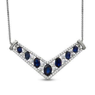 Oval Lab Created Blue and White Sapphire Chevron Necklace in Sterling