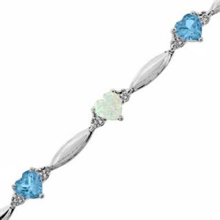 Heart Shaped Lab Created Opal, Blue Topaz and Diamond Accent Bracelet