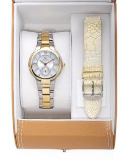 Small Two Tone Mother of Pearl Diamond Watch & Ostrich Strap Gift Set   Philip