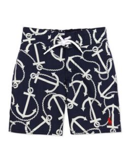 Sanibel Anchor Print Swim Trunks, Navy, Boys 4 7   Ralph Lauren Childrenswear