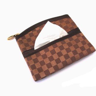 Tissue Case with Zippered Pocket, Curved Top, Approximately 4.5" x 5", Satin Large Checkered Brown Fabric  Cosmetic Bags  Beauty