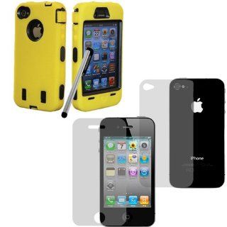 Hard Plastic Snap on Cover Fits Apple iPhone 4 4S Armor Yellow Hybrid Case (Outside Yellow Soft Silicone Skin, Inside Black Front and Back Hard Case) +Pen/Stylus+Front and Back LCD Screen Protective Films AT&T, Verizon (does NOT fit Apple iPhone or iPh