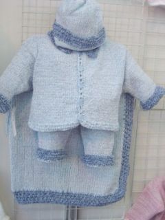 Cpk75bdbk, Knitted on Hand Knitting Machine Then Finished By Hand Crochet Infant Boys Outfit, Containing Blue Chenille Denim Chenille Trim Cardigan Sweater, Pant Hat Set with Matching Blanket Clothing