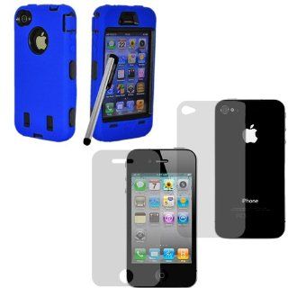 Cell Phone Snap on Cover Fits Apple iPhone 4 4S Armor Blue Hybrid Case (Outside Blue Soft Silicone Skin, Inside Black Front and Back Hard Case) +Pen/Stylus+Front and Back LCD Screen Protective Films AT&T, Verizon (does NOT fit Apple iPhone or iPhone 3G
