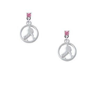 Field Hockey Player Silhouette in 1/2'' Disc Crystal Silver Post Earrings Crystal Color Rose Delight & Co. Jewelry