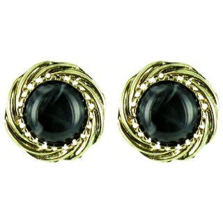 Black on Gold Plated Round Marble Effect Earrings Jewelry