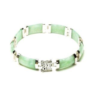Sterling Silver Green Chinese Jade Eight Section Tabular Bracelet with "Good Luck" Character Clasp, 7.5" Jewelry