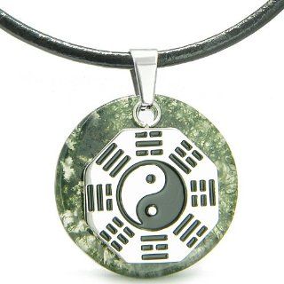 Yin Yang BA GUA Eight Trigrams Amulet Green Moss Agate Magic Gemstone Stainless Steel Circle Spiritual Powers Pendant Leather Necklace Jewelry