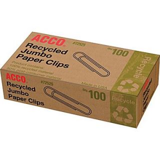 Acco 100% Recycled Jumbo Paper Clips, Smooth, 1,000/Pack