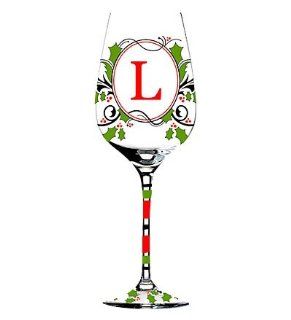Hand Painted Monogrammed Holiday Wine Glass with Red and Green Holly in Letter L Kitchen & Dining