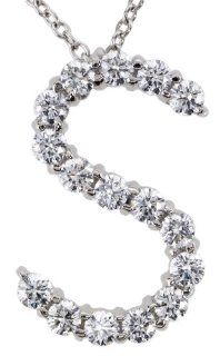18k White Gold Round Diamond Initial Pendant Necklace Letter S ( 0.54 cttw, E F color, VS1 VS2 clarity), 16" Jewelry