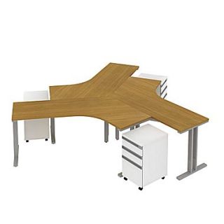 Bush Momentum 165W x 165D 3 Person Teaming Desk with Storage(3) 3 Drawer Mobile Pedestals, Modern Cherry