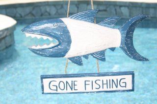 "GONE FISHING" SHARK ATTACK SIGN 15" BLUE   NAUTICAL DECOR  Yard Signs  Patio, Lawn & Garden