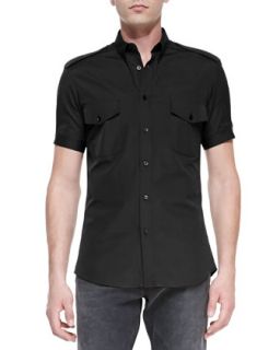 Mens Short Sleeve Military Shirt, Black   Alexander McQueen   Black (S/48)