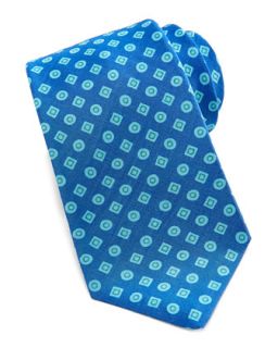 Mens Geometric Print Linen/Silk Tie, Blue/Turquoise   Kiton   Blue turquoise
