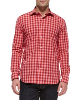 Mens Check Button Down Shirt, Red   Culturata   Red (LARGE)