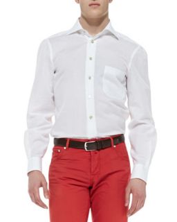 Mens Linen Blend Woven Solid Dress Shirt, White   Kiton   White (LARGE)