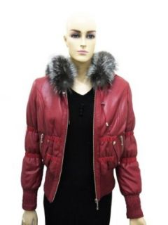 WOMAN'S LAMBSKIN LEATHER JACKET WITH HOOD (RED)  L Leather Outerwear Jackets