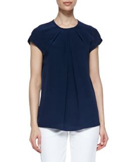 Womens Silk Pleated Short Sleeve Top, Navy   Magaschoni   Navy/Navy (8)