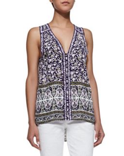 Womens Floral Print Sleeveless Top, Aubergine Combo   Rebecca Taylor  