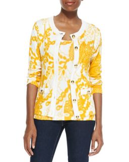 Printed Cardigan with Golden Buttons, Womens   Michael Simon   Yellow multi