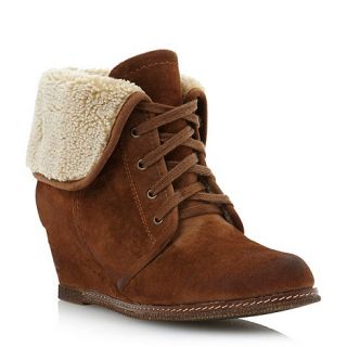 Head Over Heels by Dune Tan microfibre pearly shearling wedge ankle boots