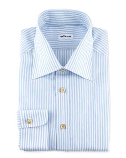 Mens Striped Linen Dress Shirt, Blue   Kiton   Blue (41.0/16.0L)