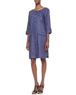 Womens Linen Pocket Front Shirt Dress   Go Silk   Navy (LARGE (12/14))