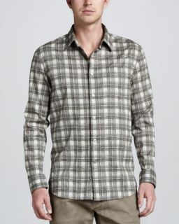 Mens Check Print Long Sleeve Shirt, Khaki   John Varvatos Star USA   Khaki