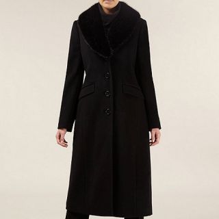 Planet Fur trim long black wool coat