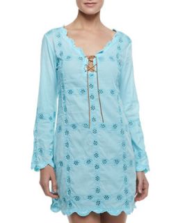 Womens Long Sleeve Embroidered Coverup Dress   Letarte   Ocean (MEDIUM)