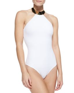 Womens Sally Metal Halter One Piece Swimsuit   OYE Swimwear   White (LARGE)