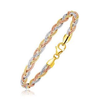 14K Tri Tone Gold Braided Design Multi Strand Mirror Spring Bracelet Jewelry